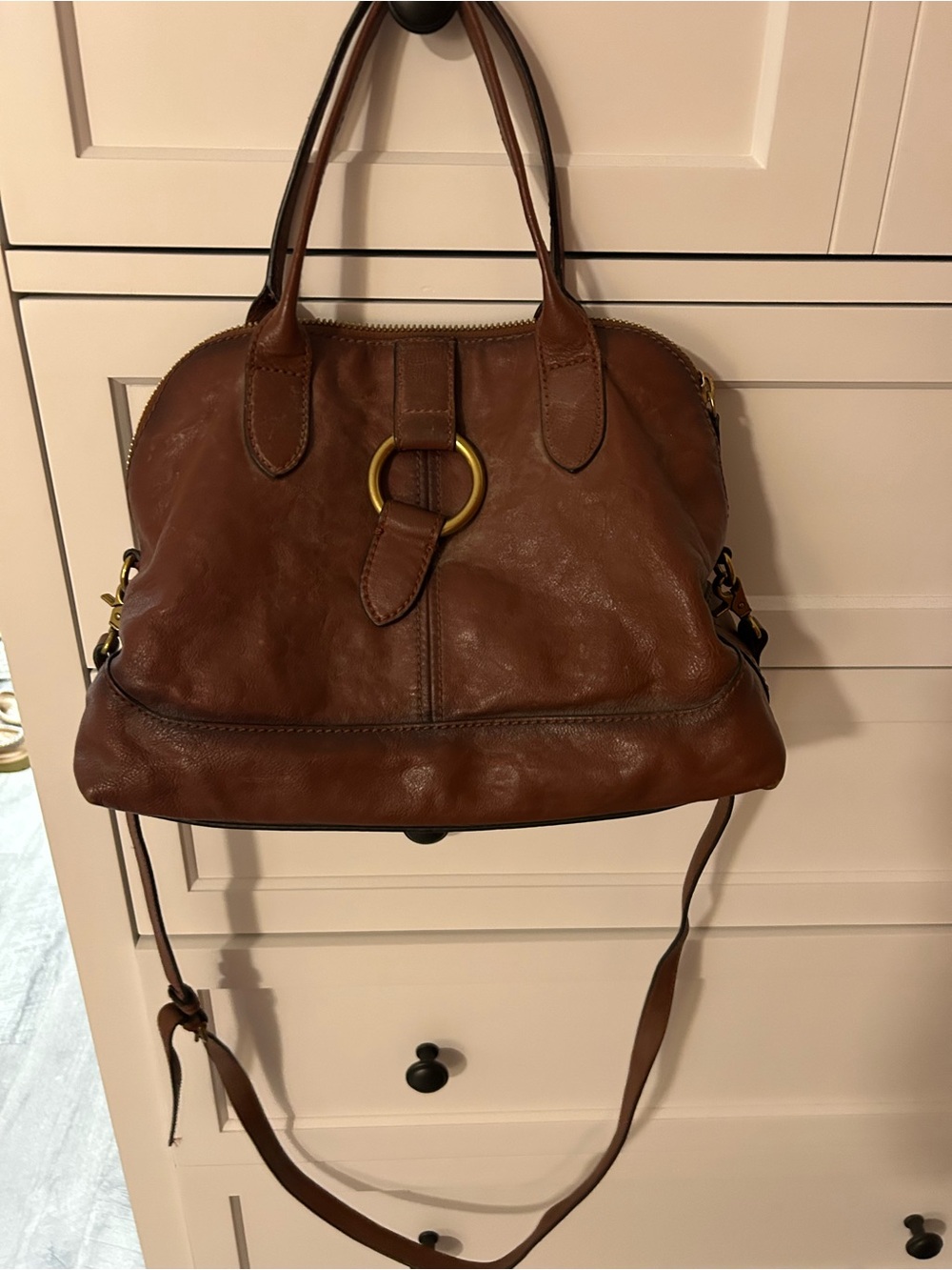 Vintage FRYE Brown Leather Satchel Handbag with Gold Ring Accent